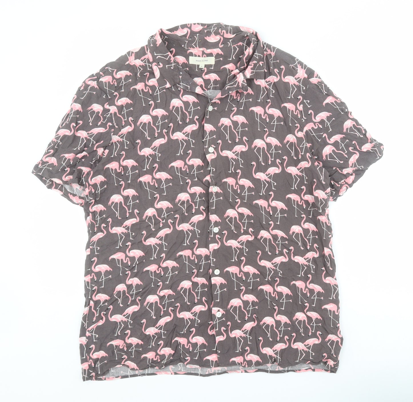 River Island Mens Grey  Viscose  Button-Up Size L Collared Button - Flamingo