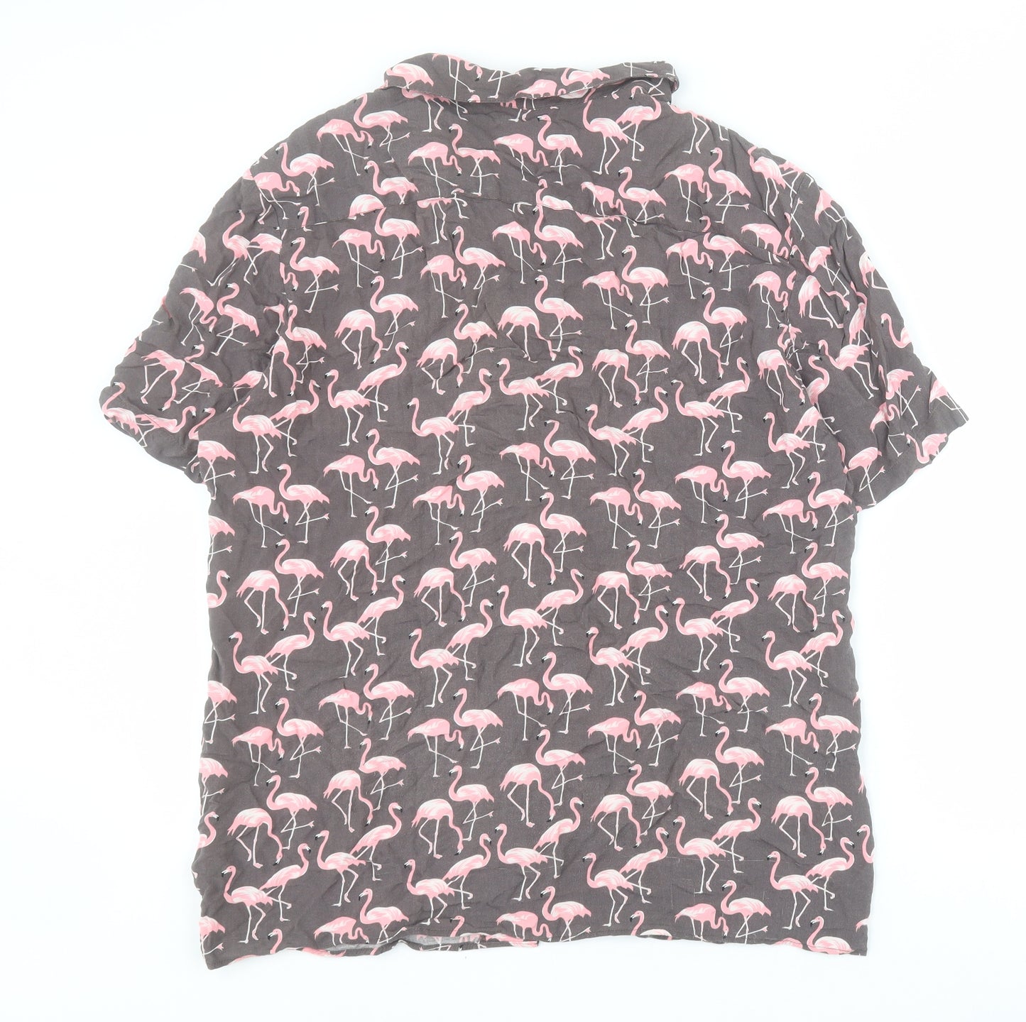 River Island Mens Grey  Viscose  Button-Up Size L Collared Button - Flamingo