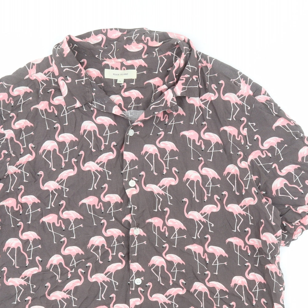 River Island Mens Grey  Viscose  Button-Up Size L Collared Button - Flamingo