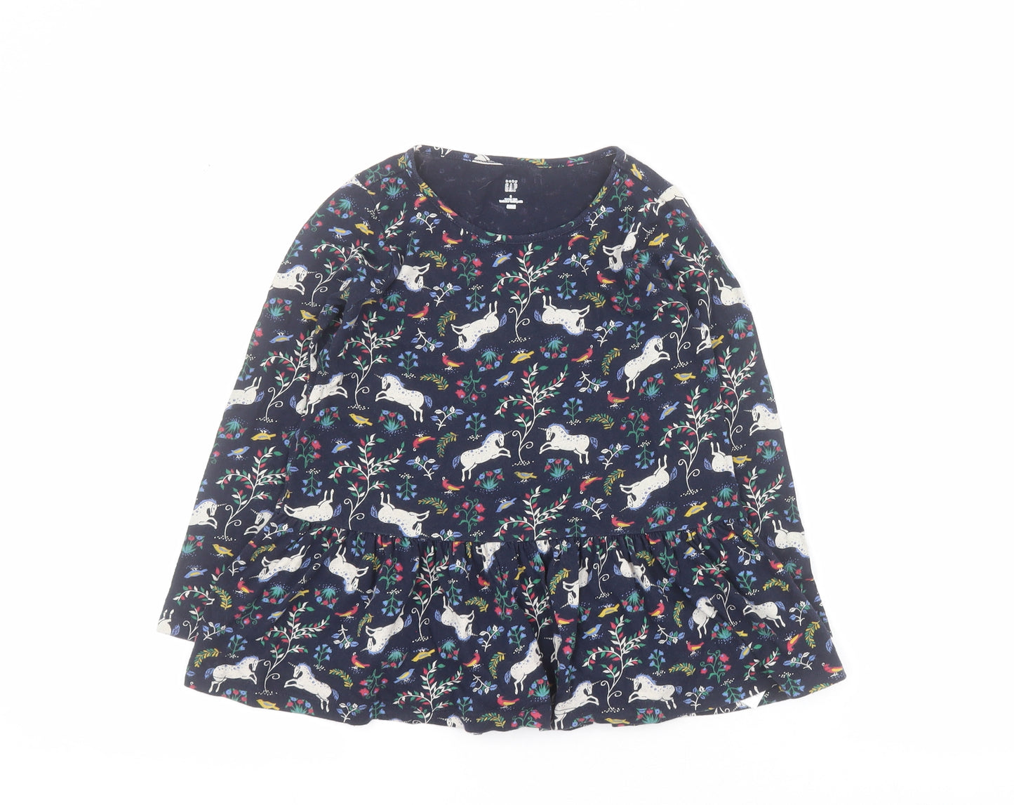 Gap Girls Blue Floral 100% Cotton Pullover T-Shirt Size 5 Years Round Neck Pullover - Unicorn