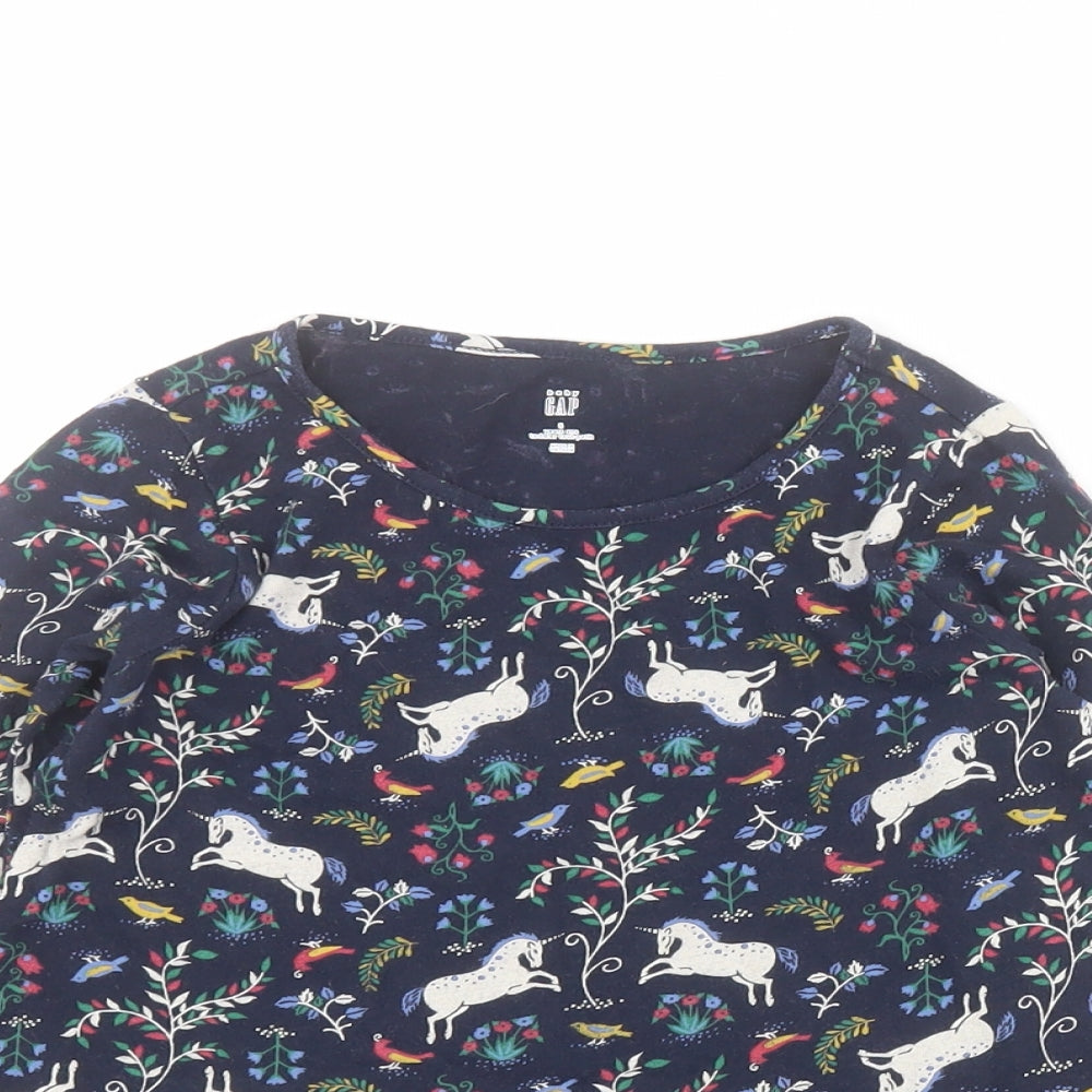 Gap Girls Blue Floral 100% Cotton Pullover T-Shirt Size 5 Years Round Neck Pullover - Unicorn