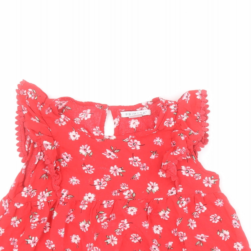 Primark Girls Red Floral 100% Viscose Basic Blouse Size 5-6 Years Round Neck Button