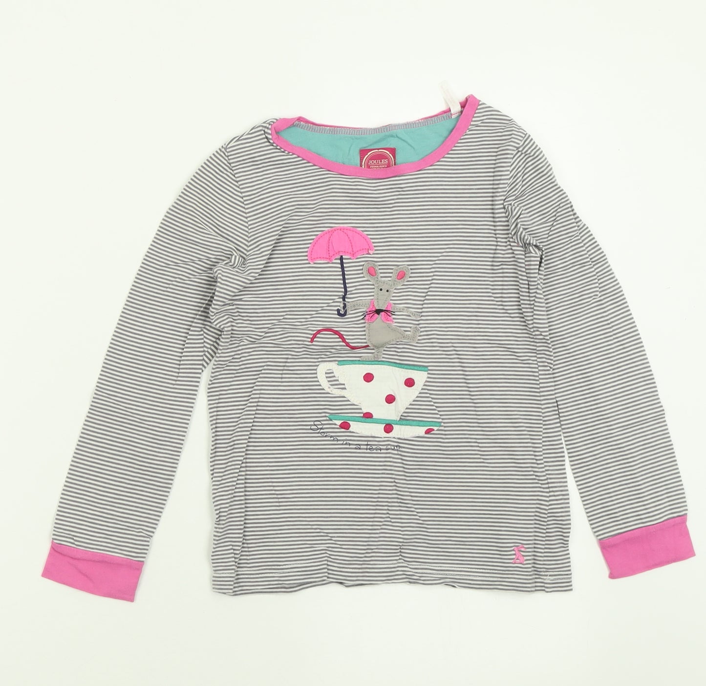 Joules Girls Grey Striped Cotton Basic Casual Size 8 Years Crew Neck Pullover
