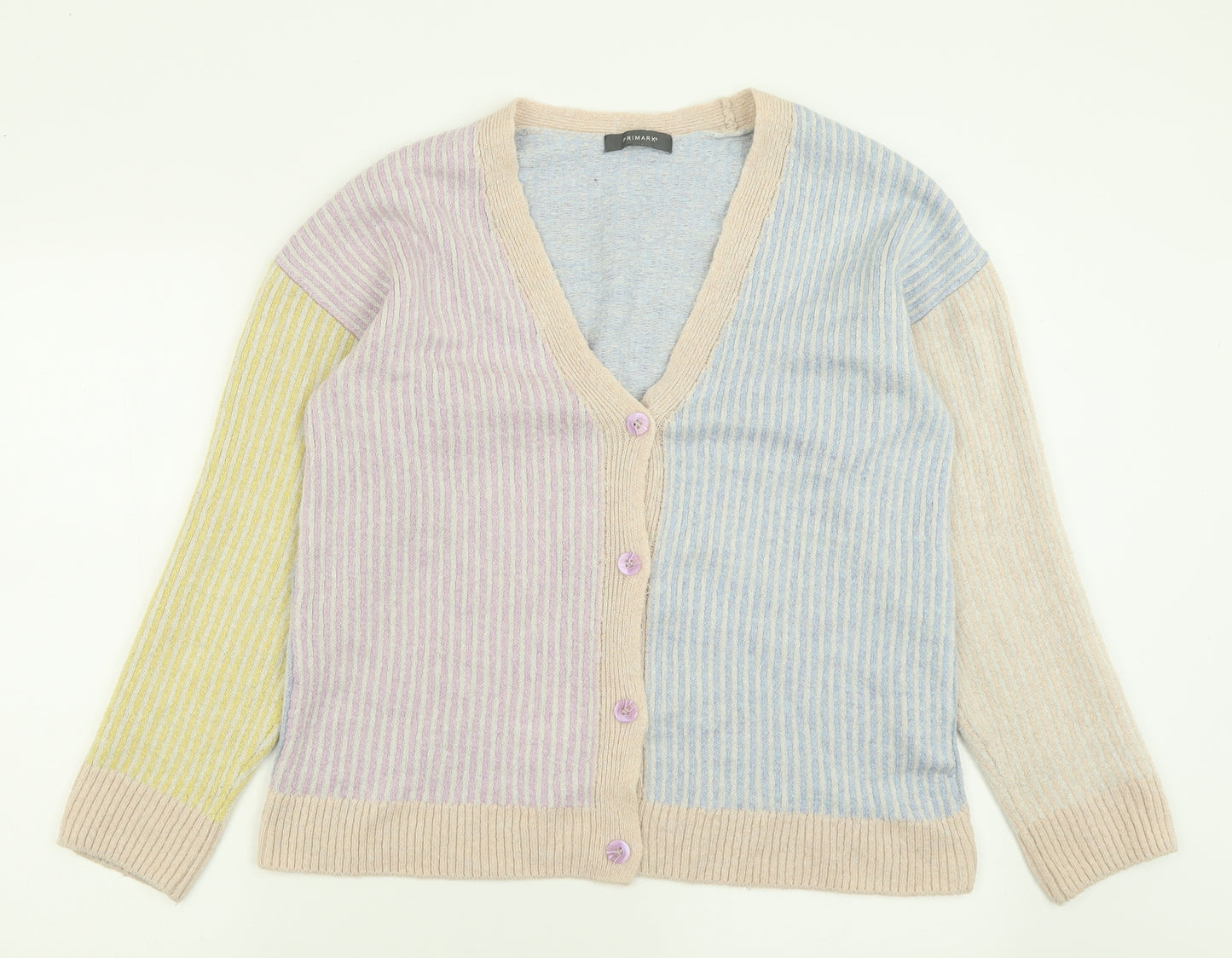 Primark Womens Multicoloured V-Neck Striped Acrylic Cardigan Jumper Size S