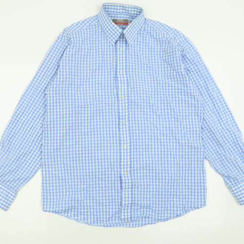 Marks and Spencer Mens Blue Plaid Polyester  Button-Up Size 15.5 Collared Button