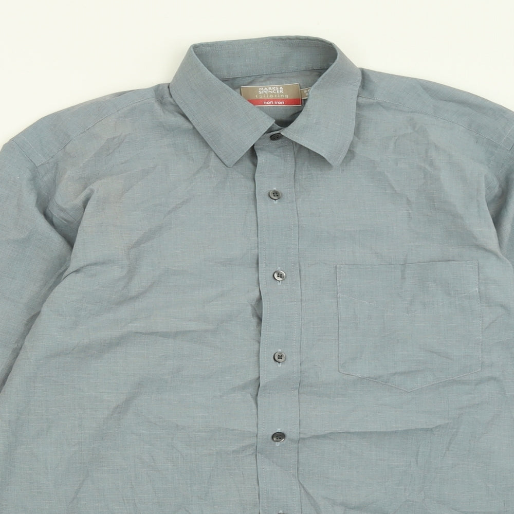 Marks and Spencer Mens Blue  Polyester  Button-Up Size 15.5 Collared Button
