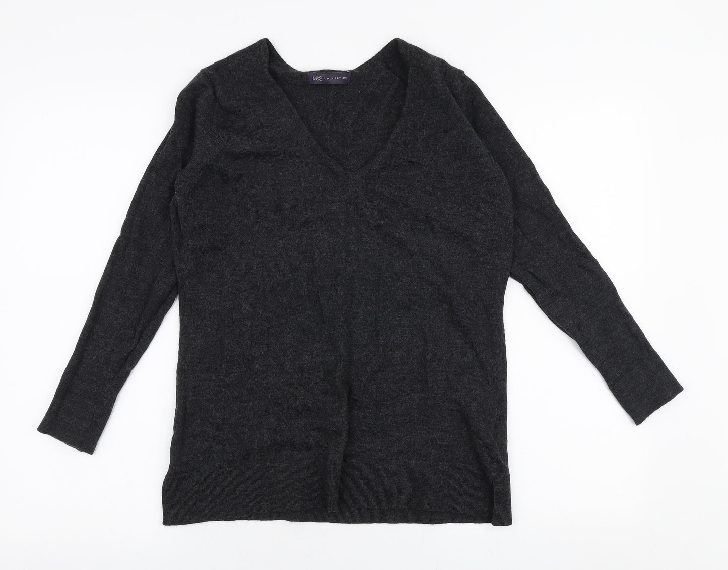 Marks and Spencer Womens Grey V-Neck  Wool Pullover Jumper Size 16