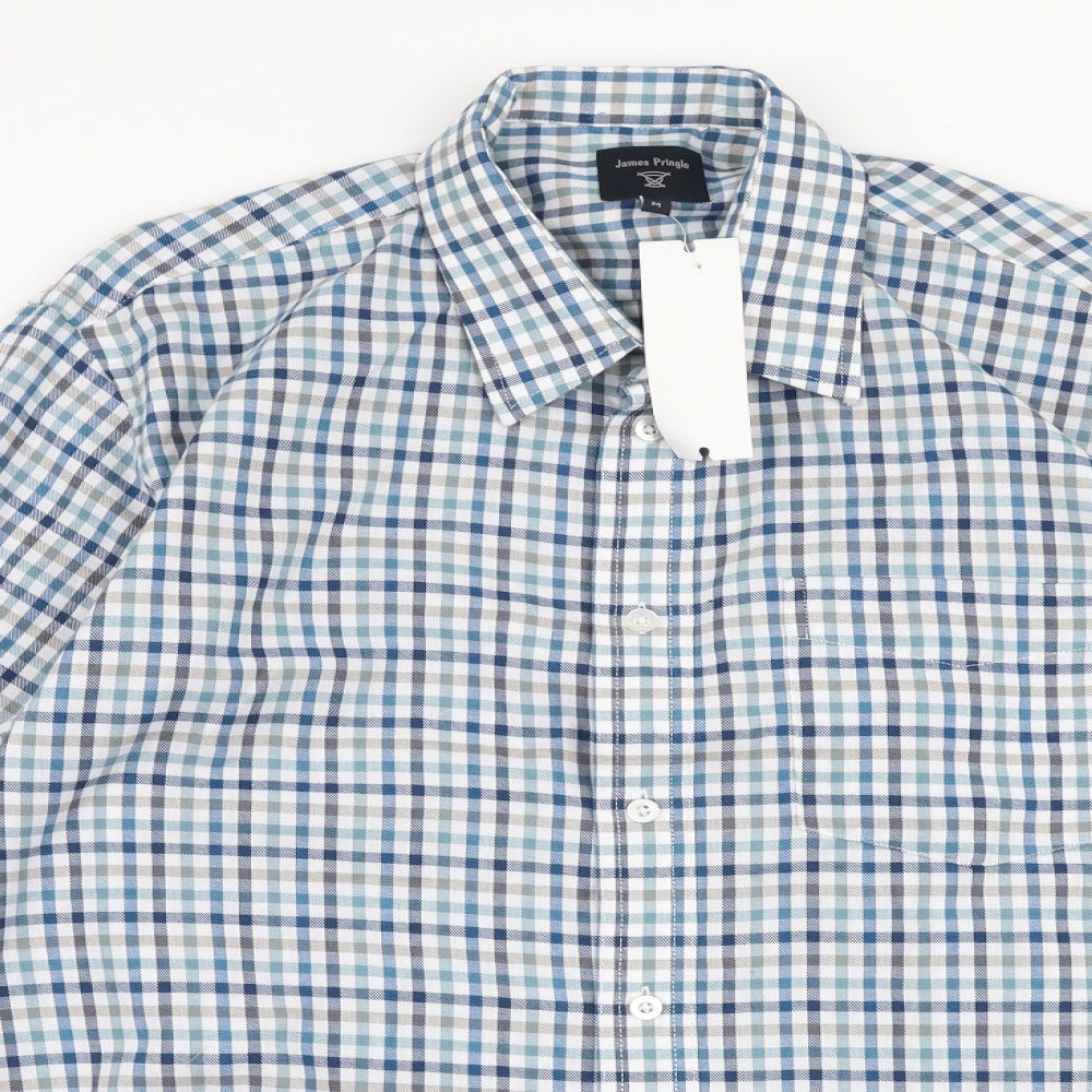 James Pringle Mens Multicoloured Check Polyester  Button-Up Size M Collared Button