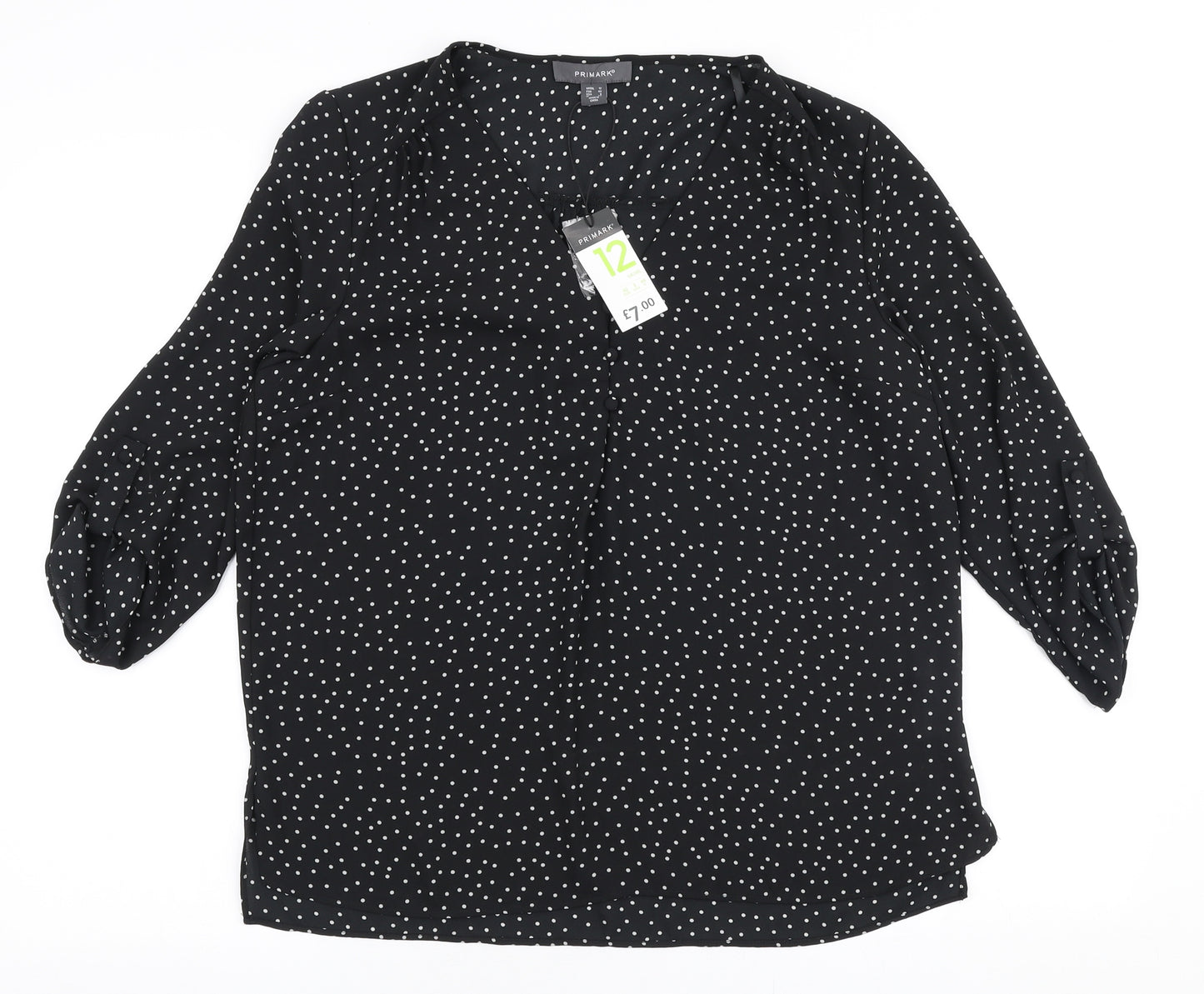 Primark Womens Black Polka Dot Polyester Basic Blouse Size 12 V-Neck