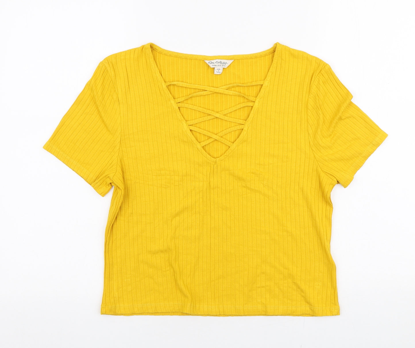Miss Selfridge Womens Yellow  Viscose Cropped T-Shirt Size 16 V-Neck