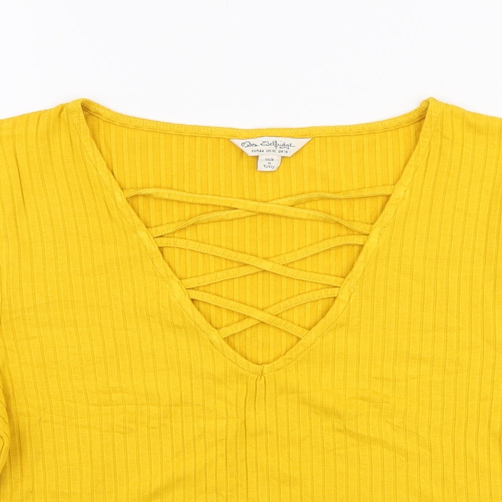 Miss Selfridge Womens Yellow  Viscose Cropped T-Shirt Size 16 V-Neck