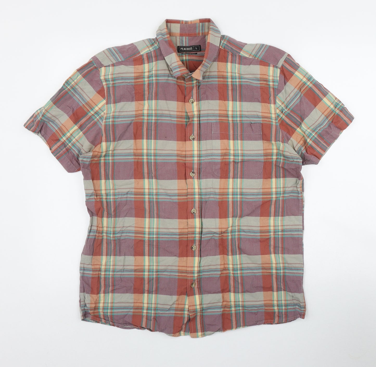 Peacocks Mens Multicoloured Plaid Cotton  Button-Up Size L Collared Button