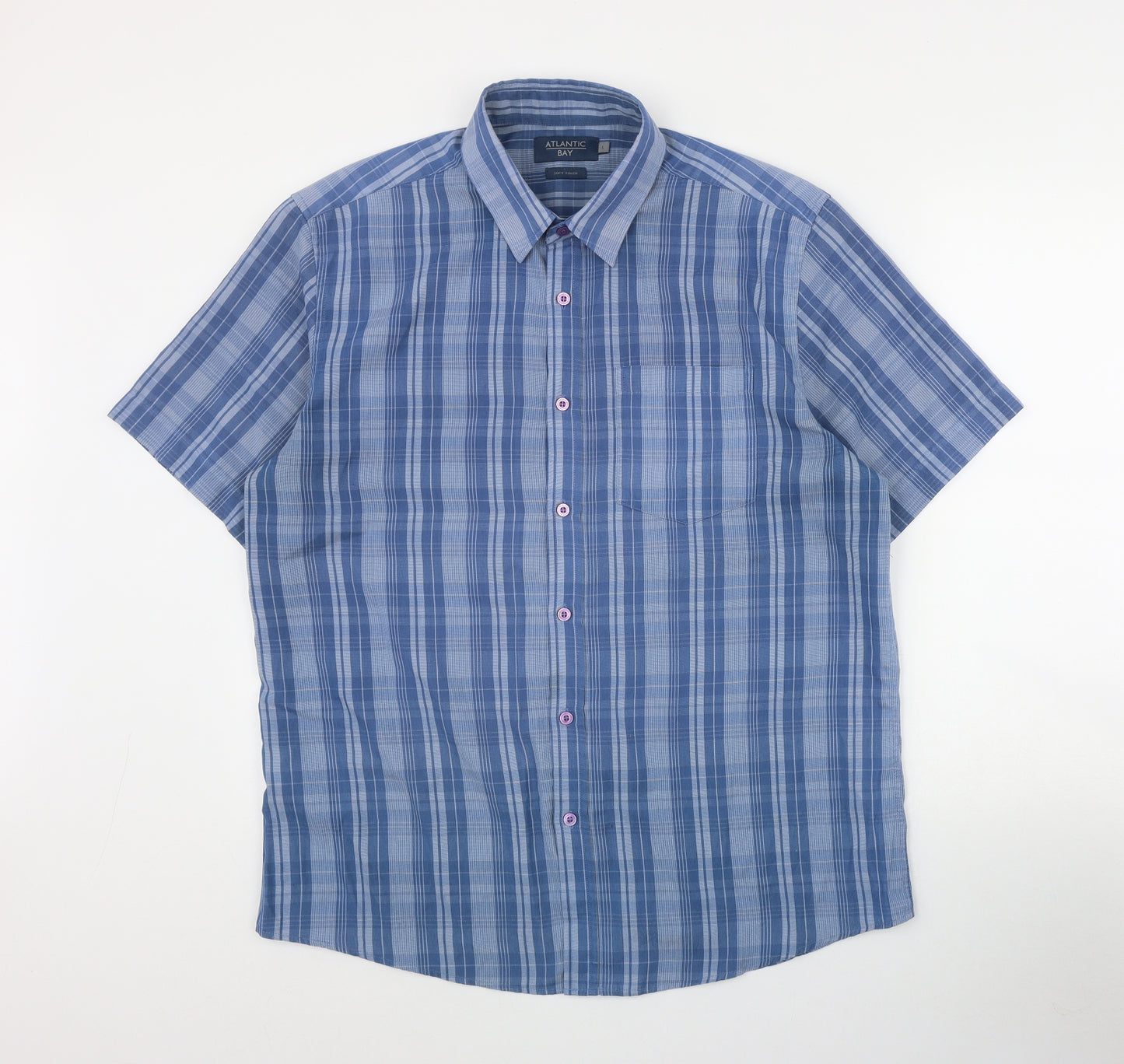 Atlantic Bay Mens Blue Plaid Polyester  Button-Up Size L Collared Button