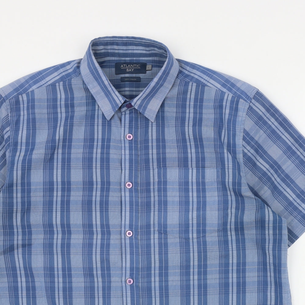 Atlantic Bay Mens Blue Plaid Polyester  Button-Up Size L Collared Button