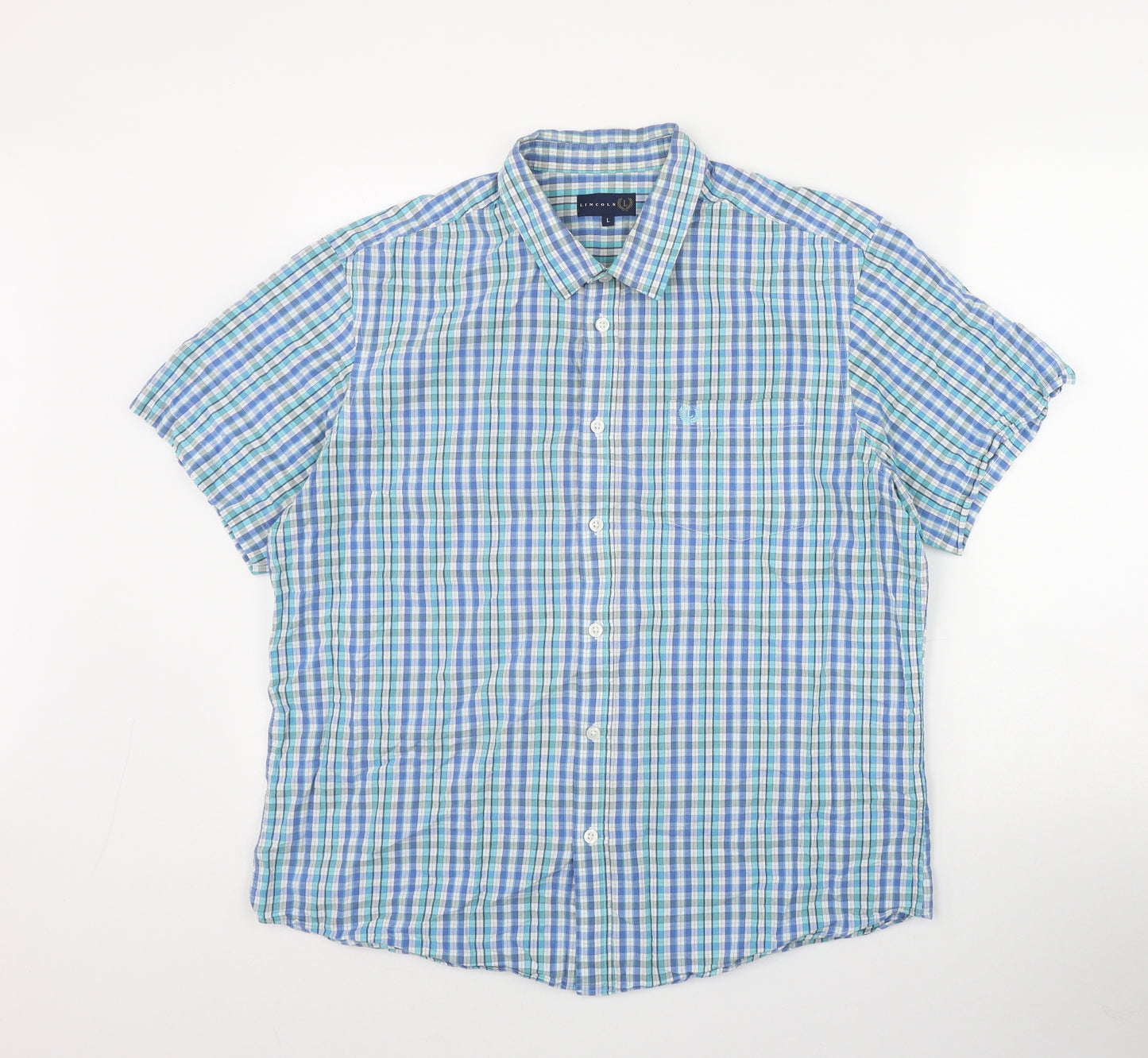 Lincoln Mens Black Plaid Cotton  Button-Up Size L Collared Button