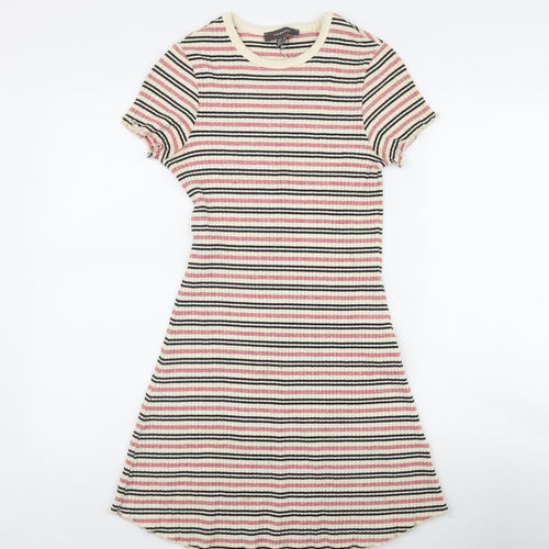 Primark Womens Beige Striped Cotton Fit & Flare  Size 10  Round Neck Pullover