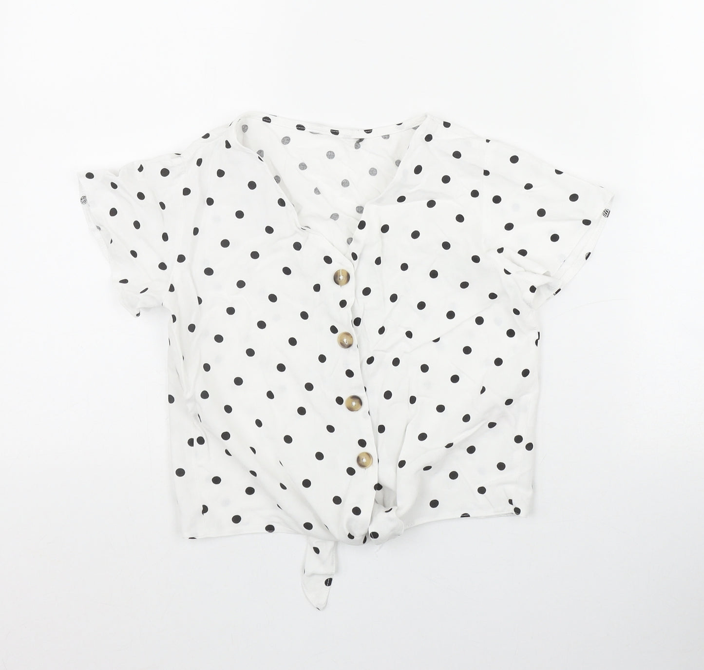 Primark Girls White Polka Dot Viscose Basic Button-Up Size 9-10 Years V-Neck Button