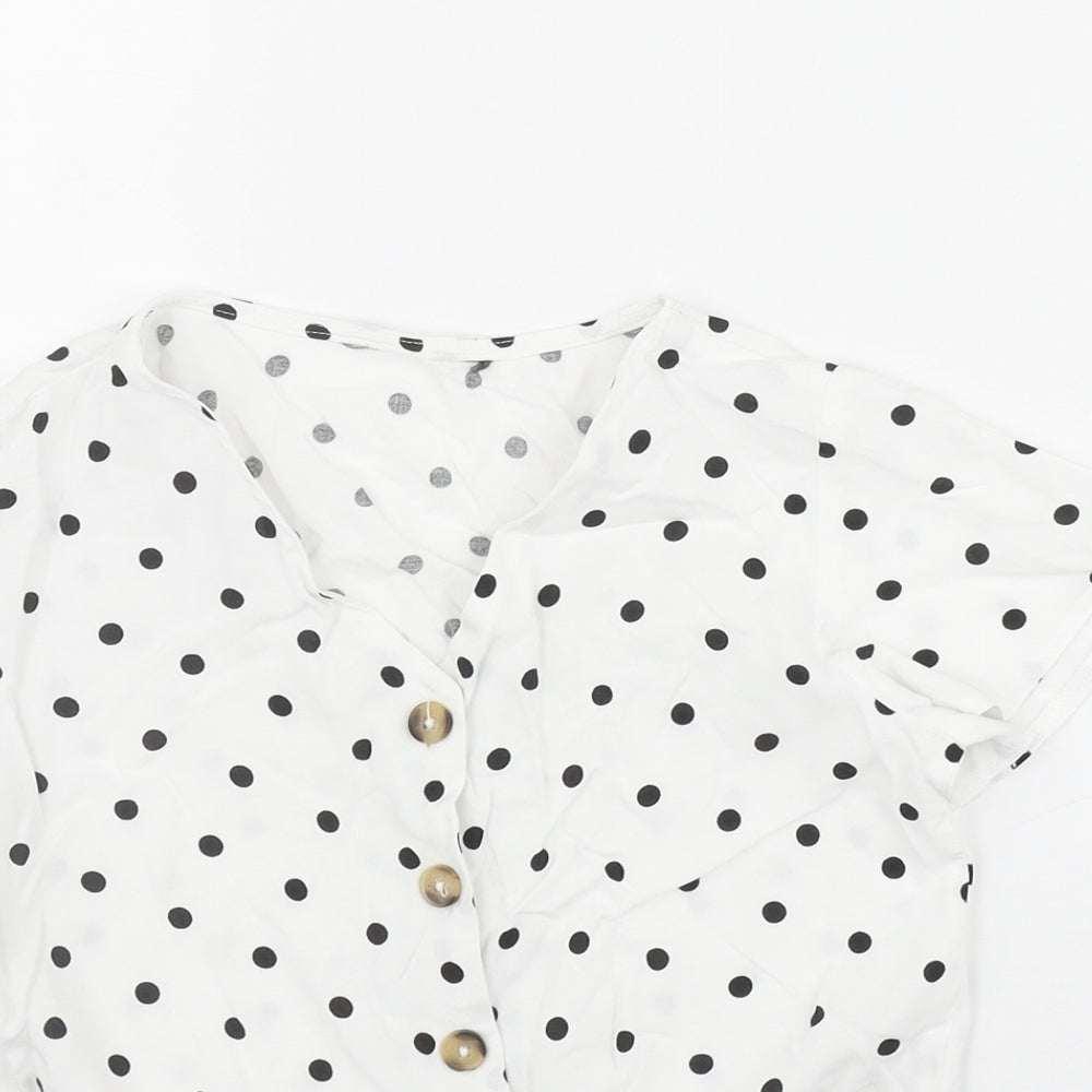 Primark Girls White Polka Dot Viscose Basic Button-Up Size 9-10 Years V-Neck Button