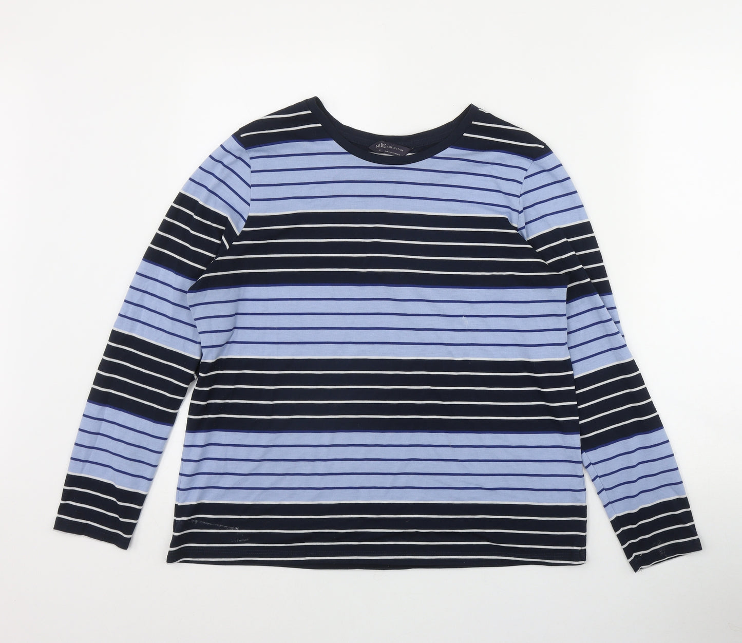 Marks and Spencer Womens Blue Striped Polyester Basic T-Shirt Size 16 Round Neck