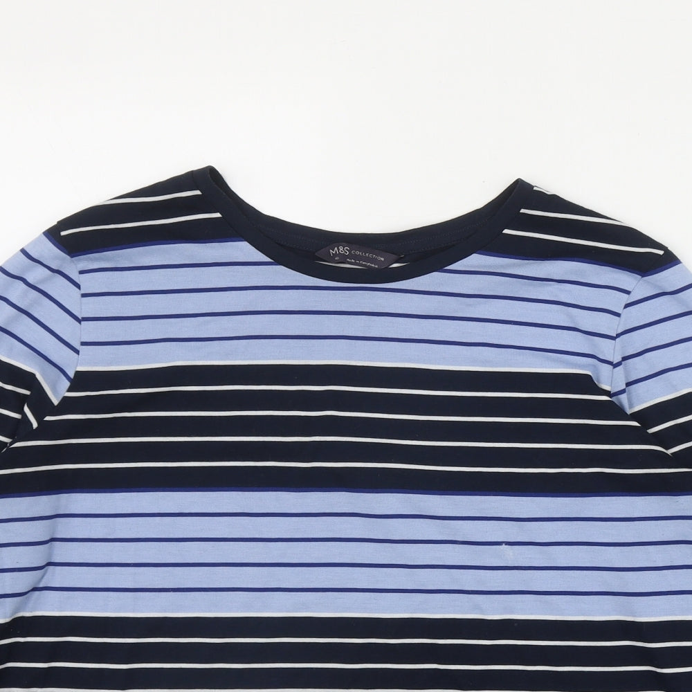 Marks and Spencer Womens Blue Striped Polyester Basic T-Shirt Size 16 Round Neck