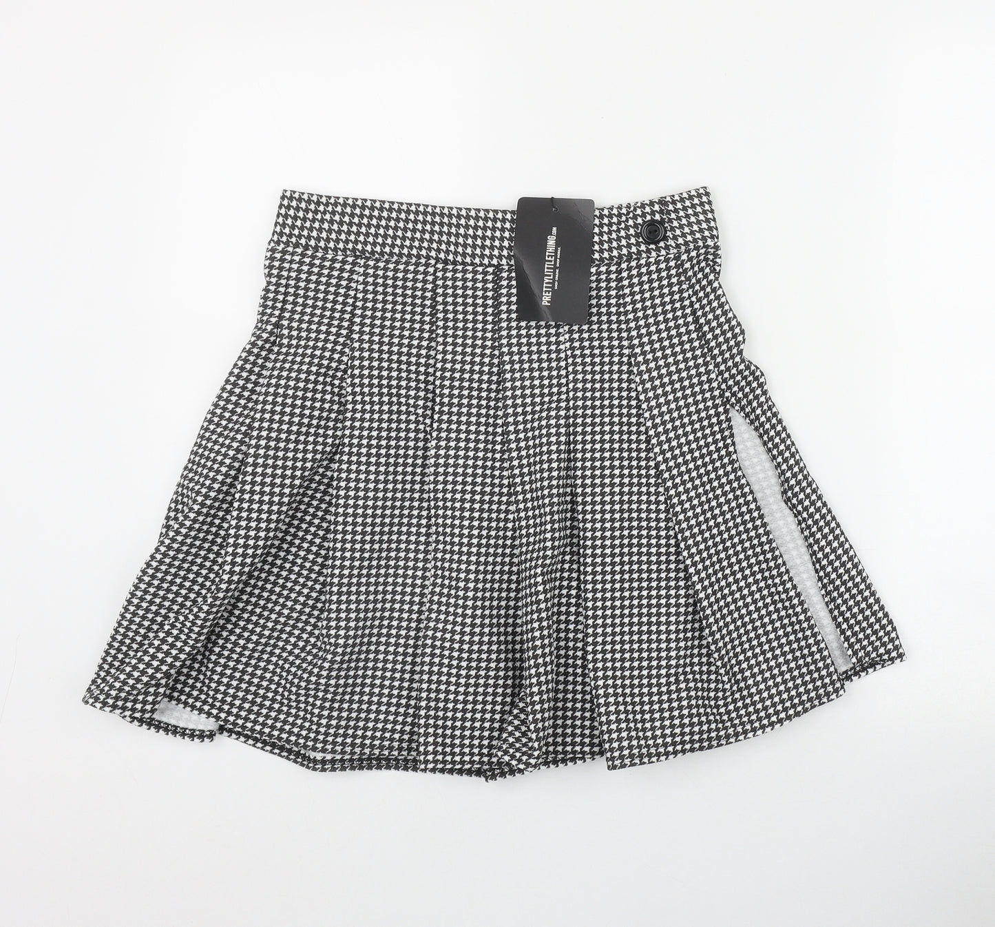 PRETTYLITTLETHING Womens Black Houndstooth Polyester Pleated Skirt Size 14   Button