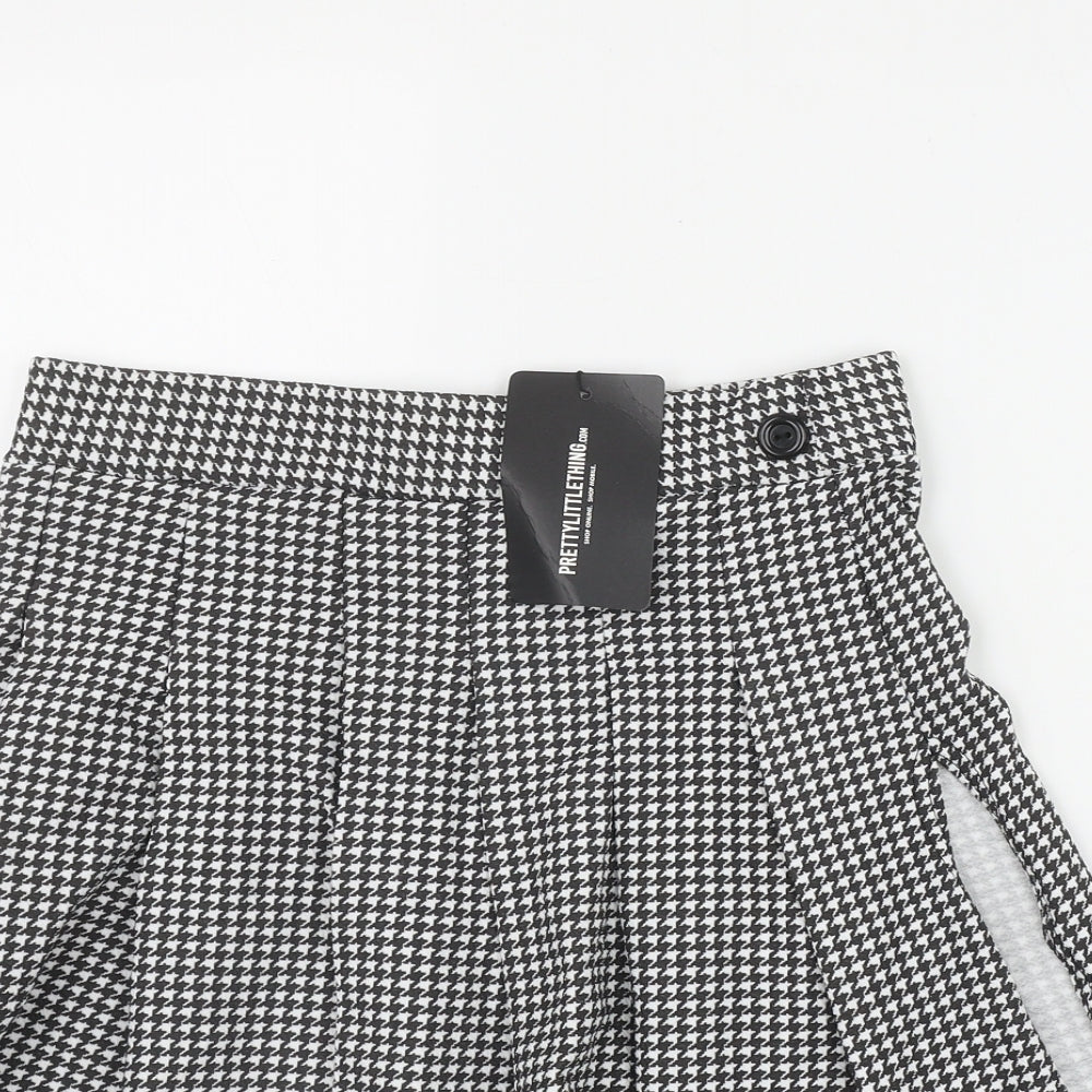 PRETTYLITTLETHING Womens Black Houndstooth Polyester Pleated Skirt Size 14   Button