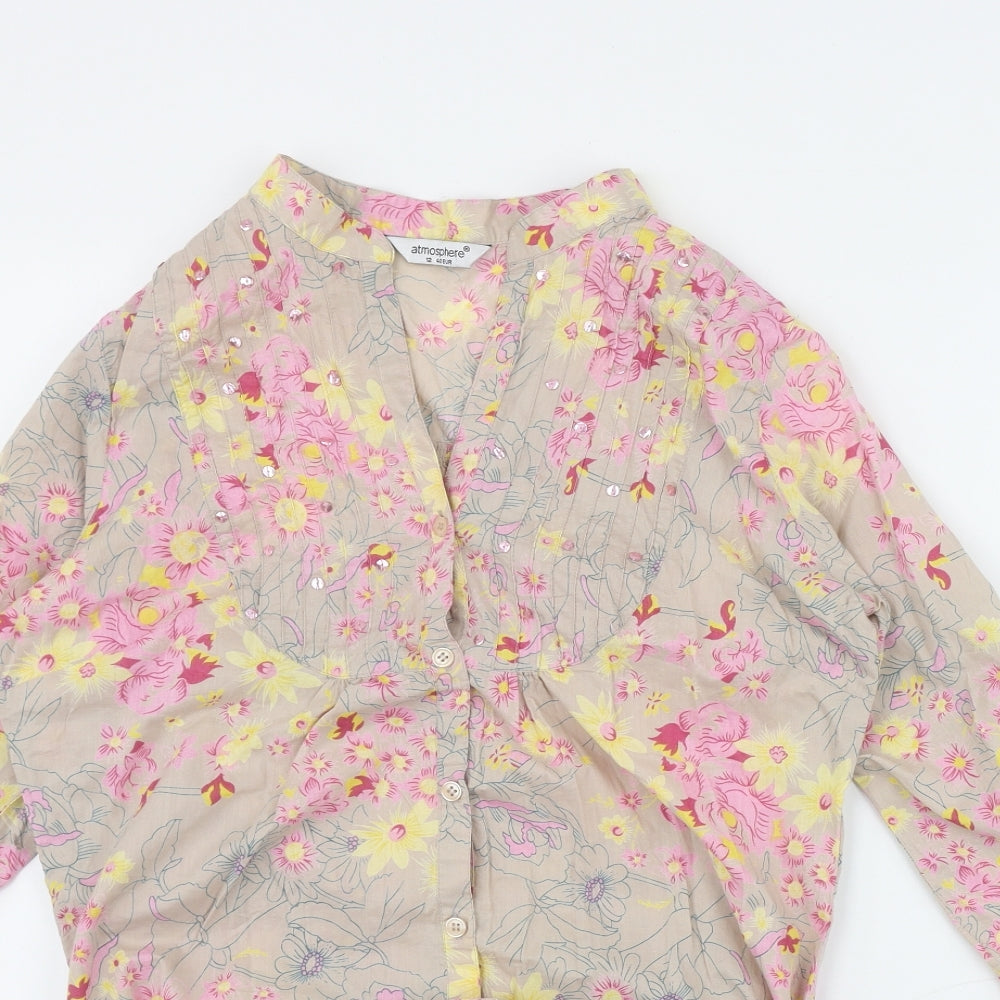 Atmosphere Womens Beige Floral Cotton Basic Button-Up Size 12 V-Neck