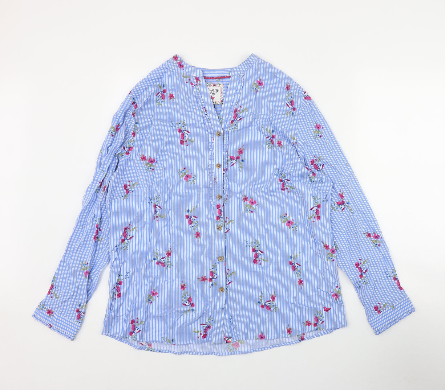 Country Rose Womens Blue Striped Viscose Basic Button-Up Size 18 V-Neck