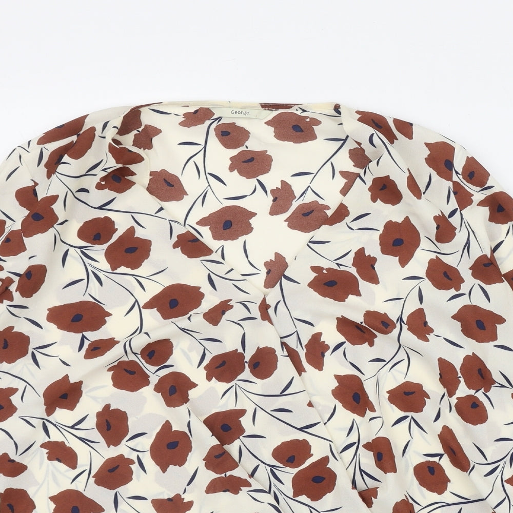 George Womens Ivory Floral Polyester Basic Blouse Size 14 V-Neck