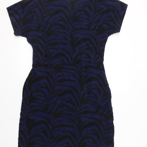 Warehouse Womens Blue Geometric Viscose A-Line  Size 12  Round Neck Zip