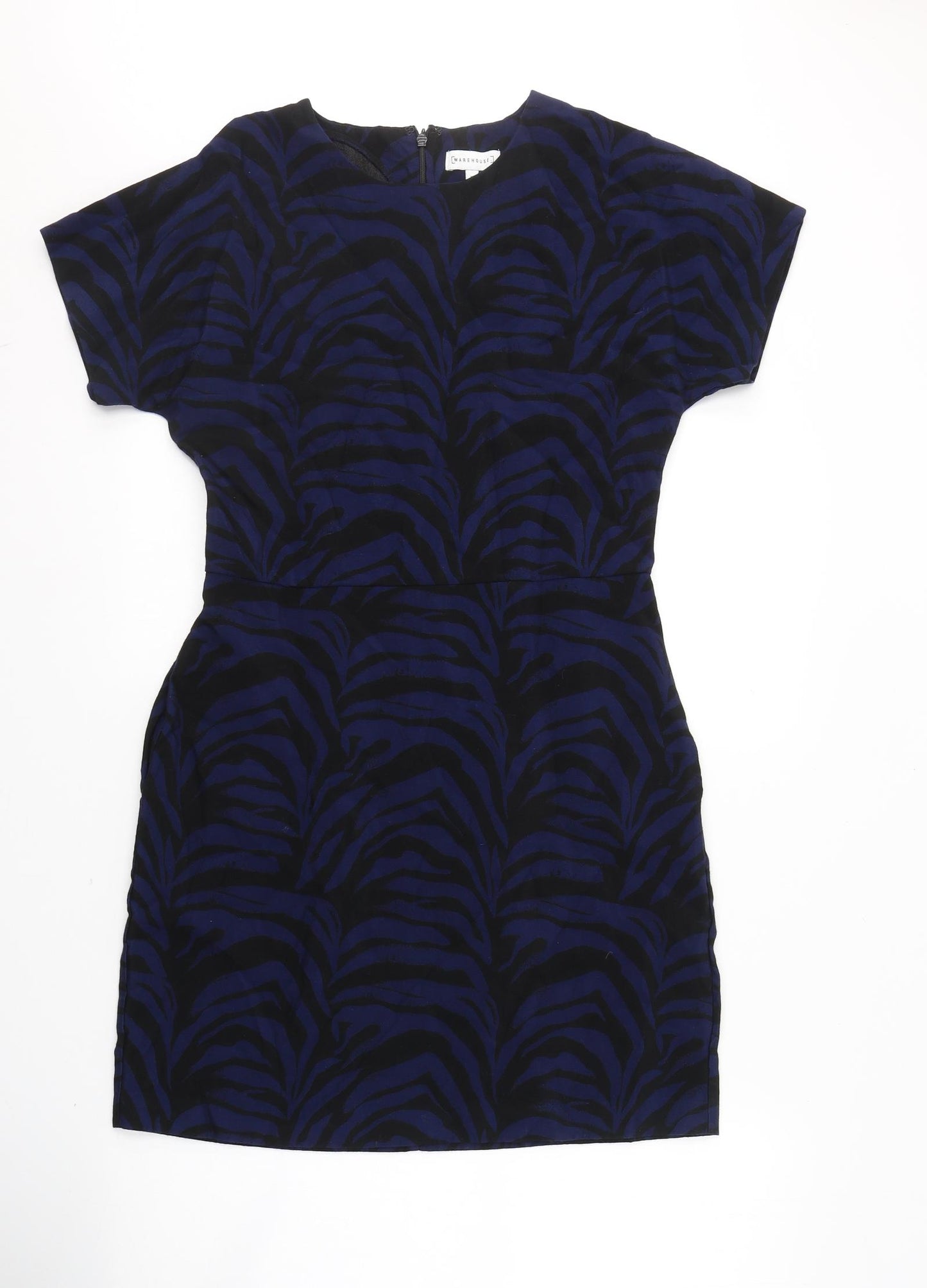 Warehouse Womens Blue Geometric Viscose A-Line  Size 12  Round Neck Zip