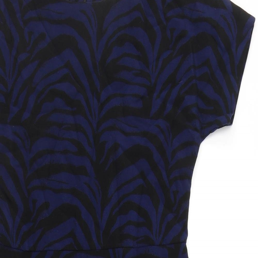 Warehouse Womens Blue Geometric Viscose A-Line  Size 12  Round Neck Zip