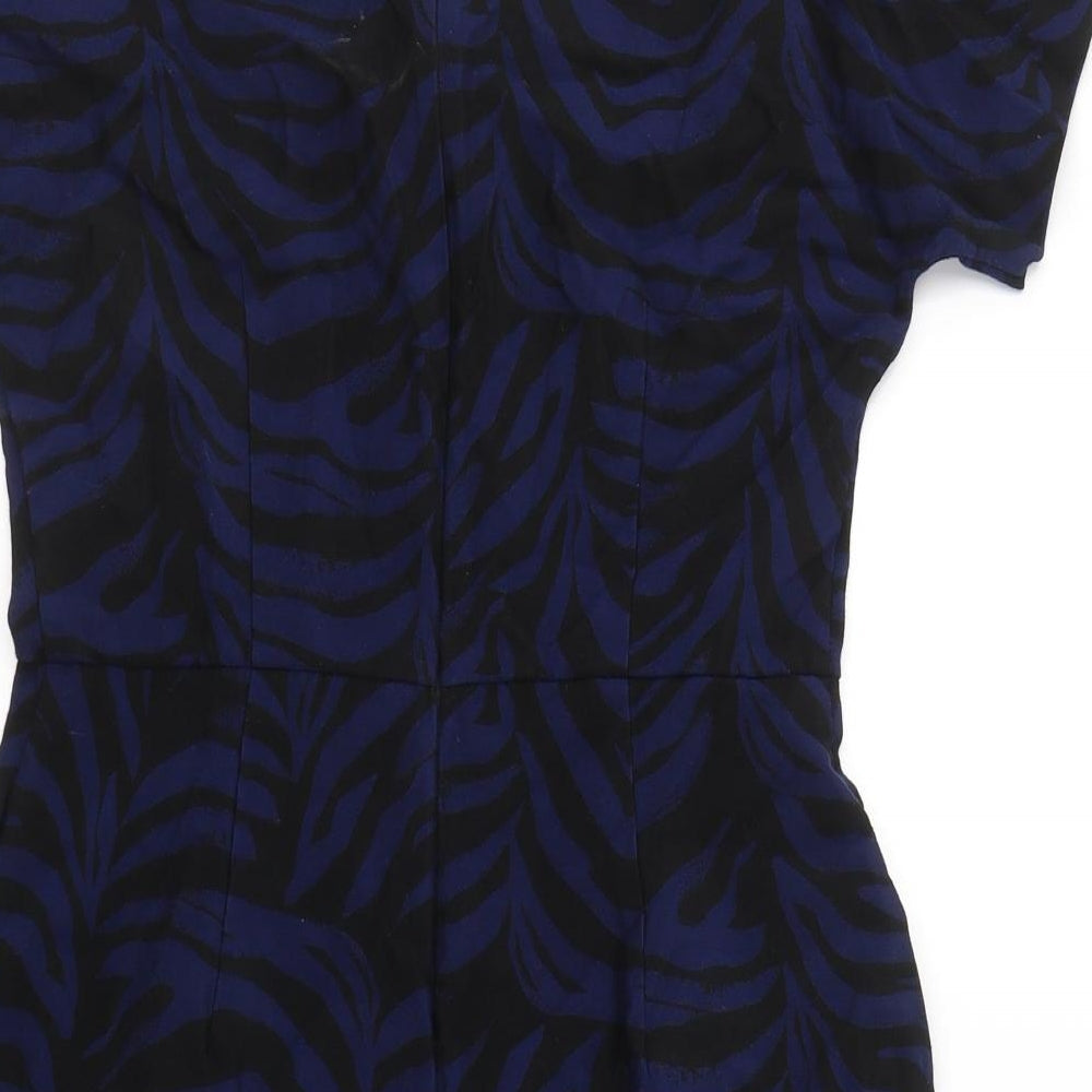 Warehouse Womens Blue Geometric Viscose A-Line  Size 12  Round Neck Zip