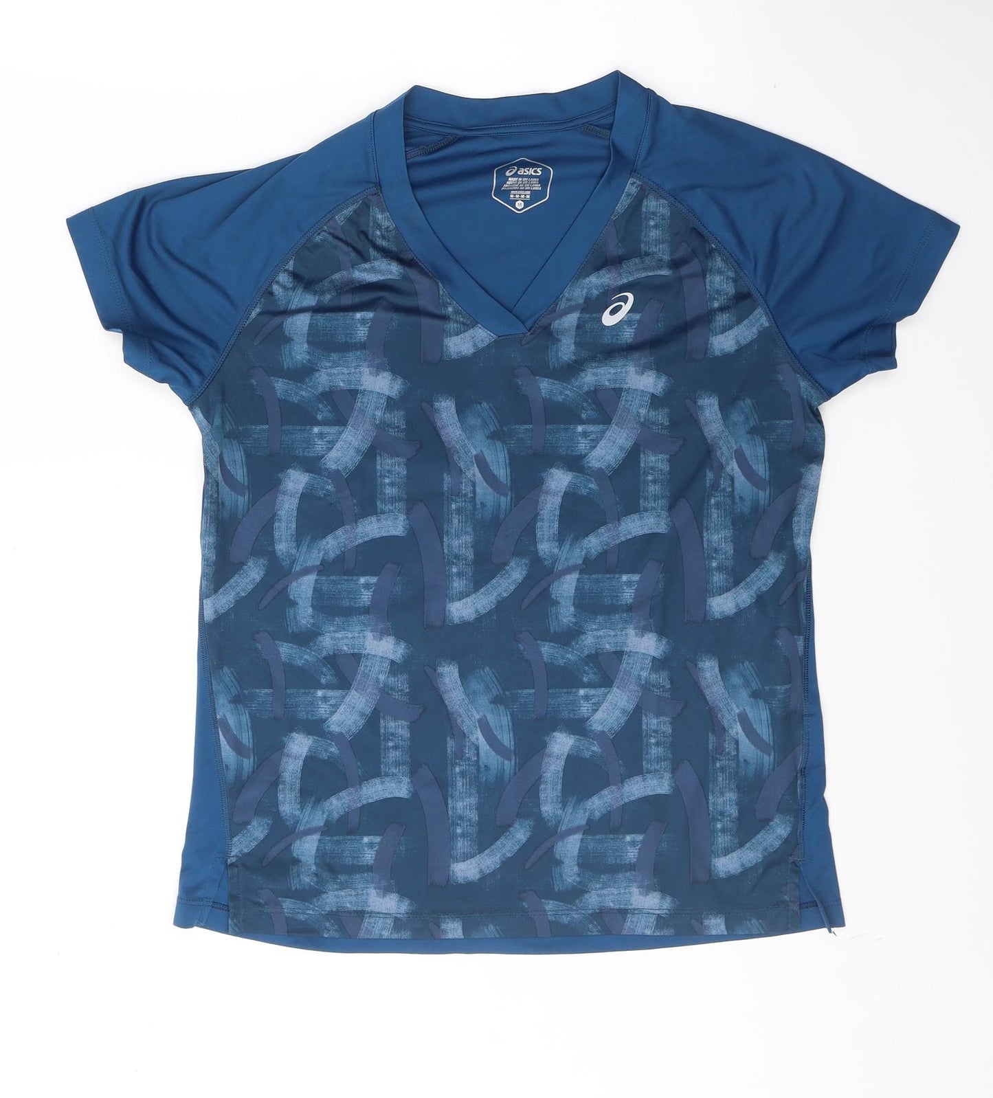 ASICS Womens Blue Geometric Polyester Basic T-Shirt Size M V-Neck Pullover