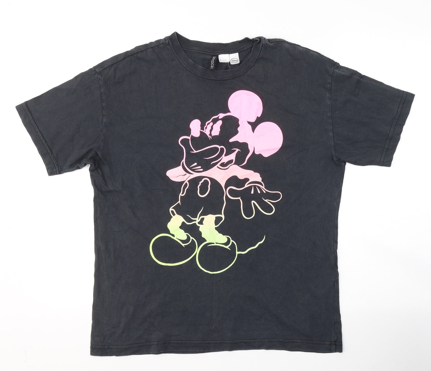 Divided by H&M Mens Grey  Cotton  T-Shirt Size S Round Neck  - Mickey Mouse Neon