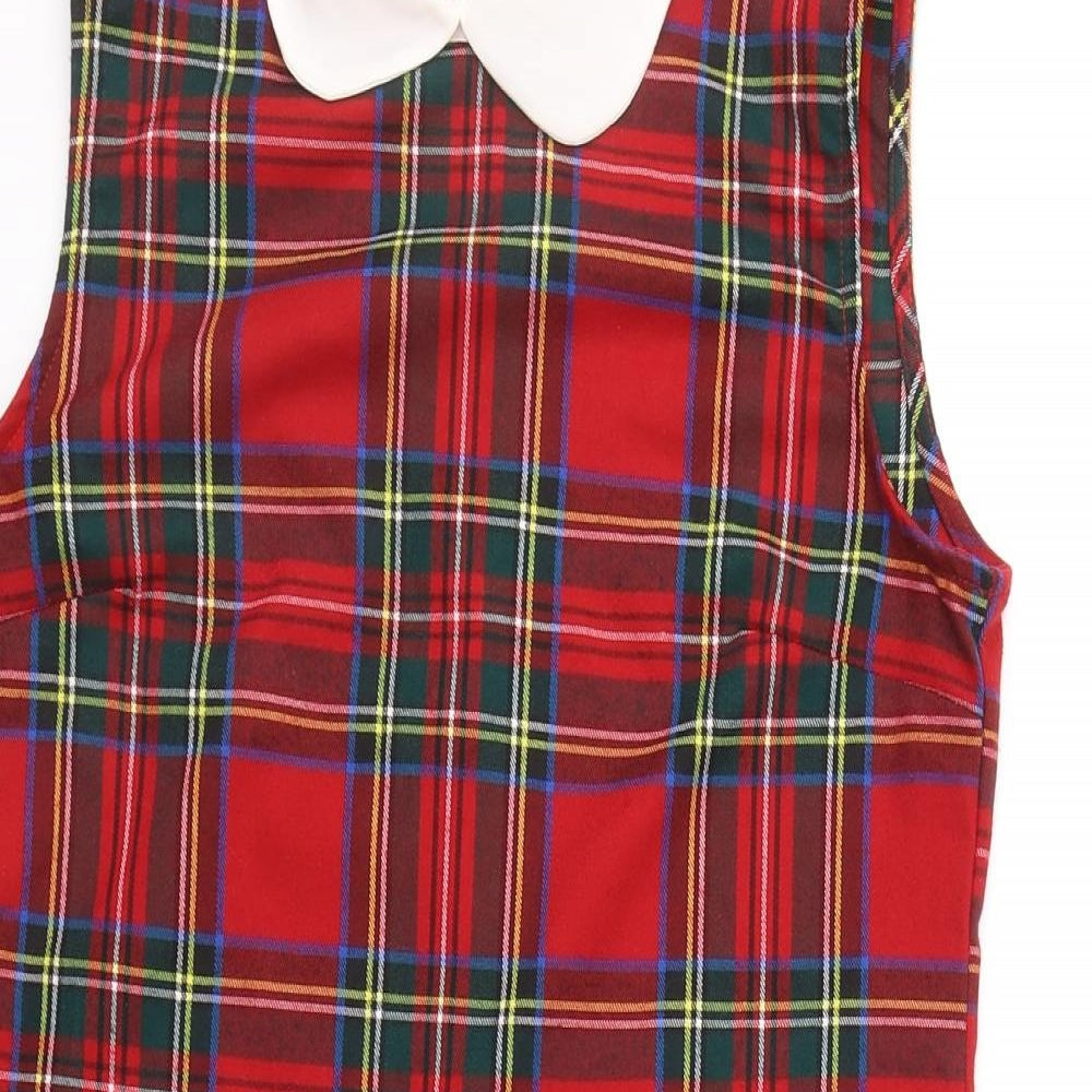 Urmoda Womens Red Plaid Polyester A-Line  Size M  Collared Zip