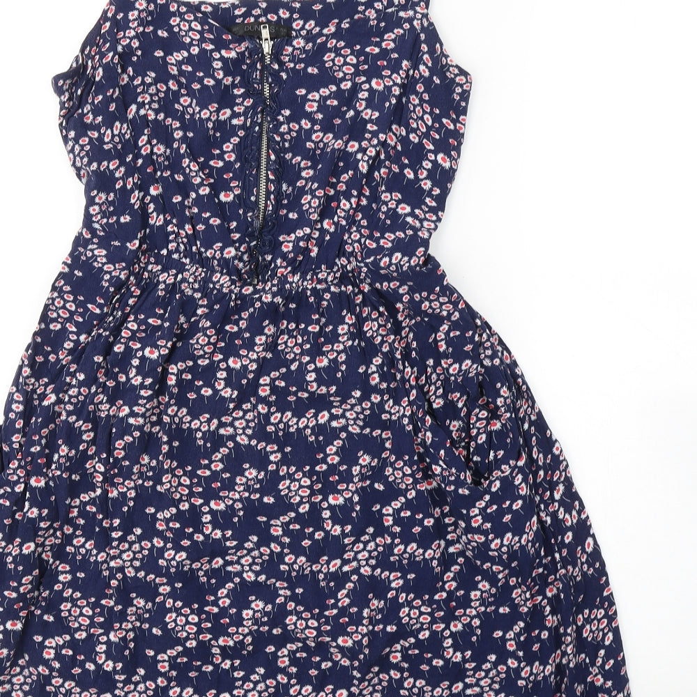 Dunnes Stores Womens Blue Floral Viscose Fit & Flare  Size 12  Round Neck Zip