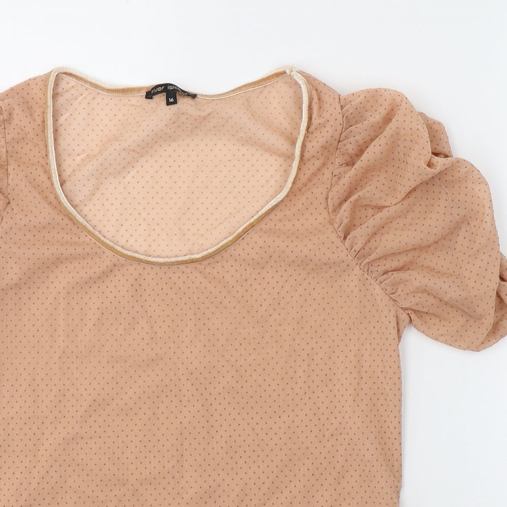 River Island Womens Beige Polka Dot Polyester Basic T-Shirt Size 16 Round Neck