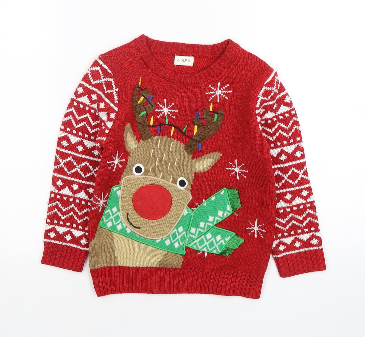 F&F Boys Multicoloured Round Neck Fair Isle Polyester Pullover Jumper Size 3-4 Years   - Christmas