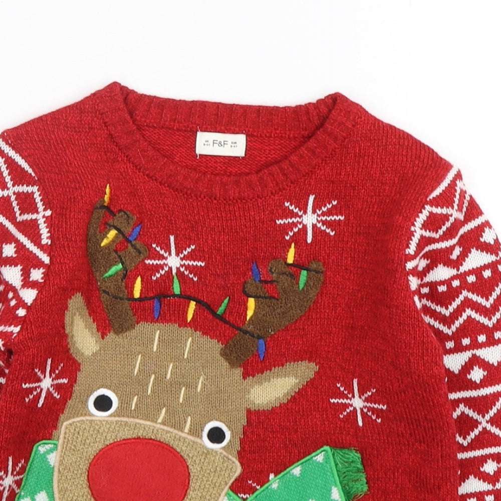F&F Boys Multicoloured Round Neck Fair Isle Polyester Pullover Jumper Size 3-4 Years   - Christmas