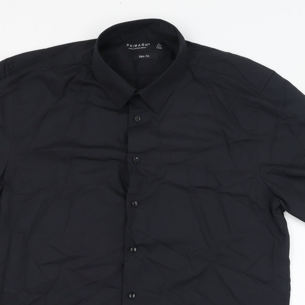 Primark Mens Black  Polyester  Dress Shirt Size XL Collared Button