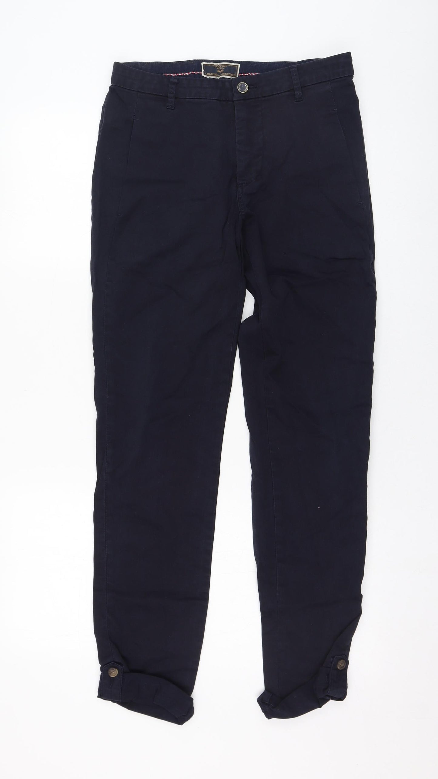 Zara Mens Blue  Cotton Chino Trousers Size 30 L30 in Regular Zip