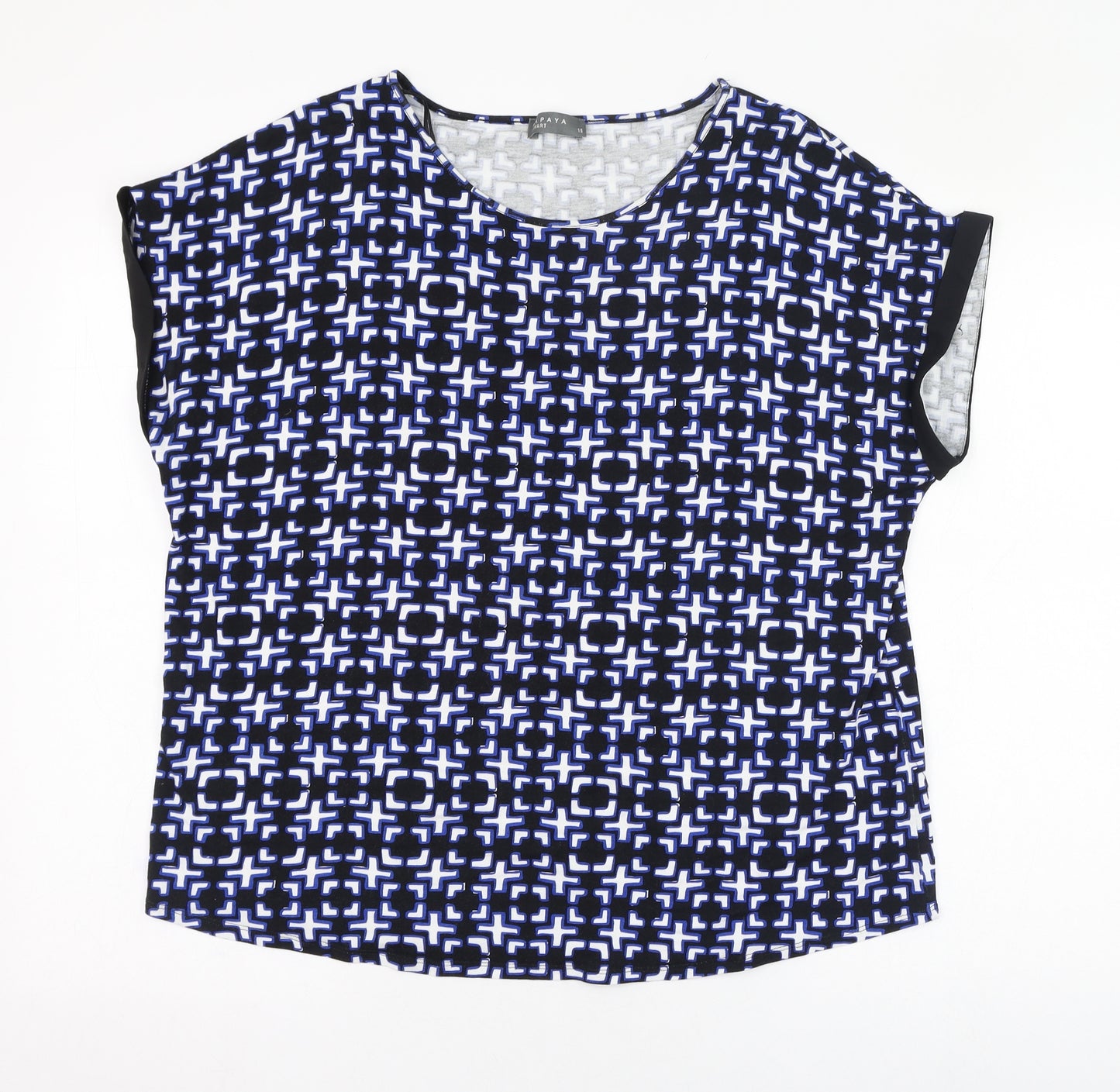 Papaya Womens Black Geometric Viscose Basic T-Shirt Size 16 Round Neck