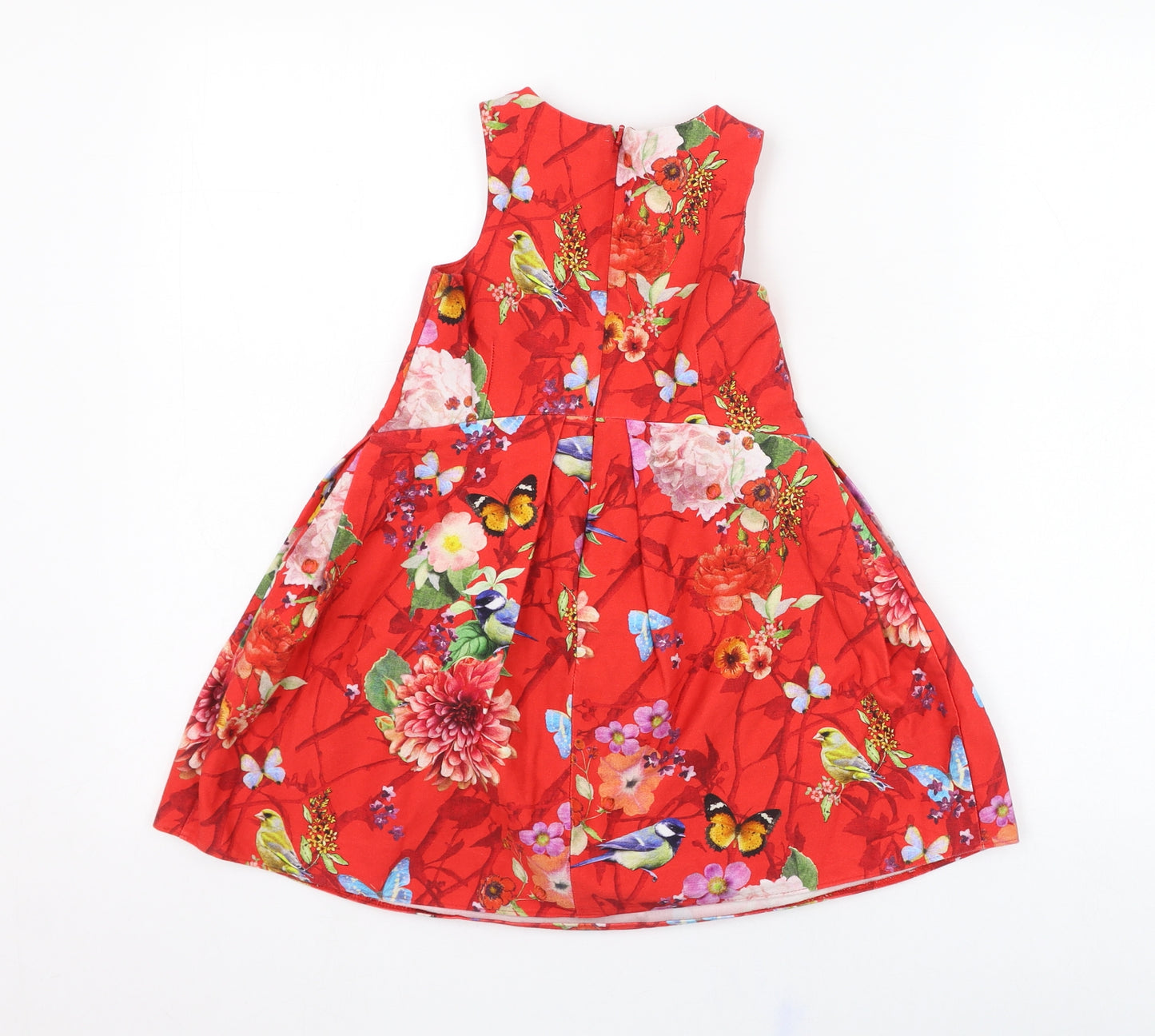 NEXT Girls Red Floral Cotton A-Line  Size 5 Years  Round Neck Zip
