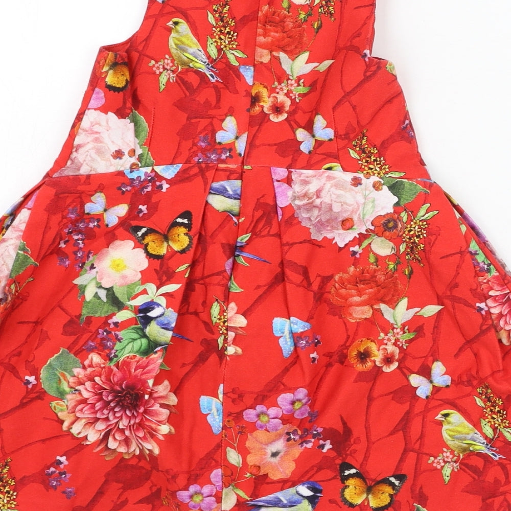 NEXT Girls Red Floral Cotton A-Line  Size 5 Years  Round Neck Zip