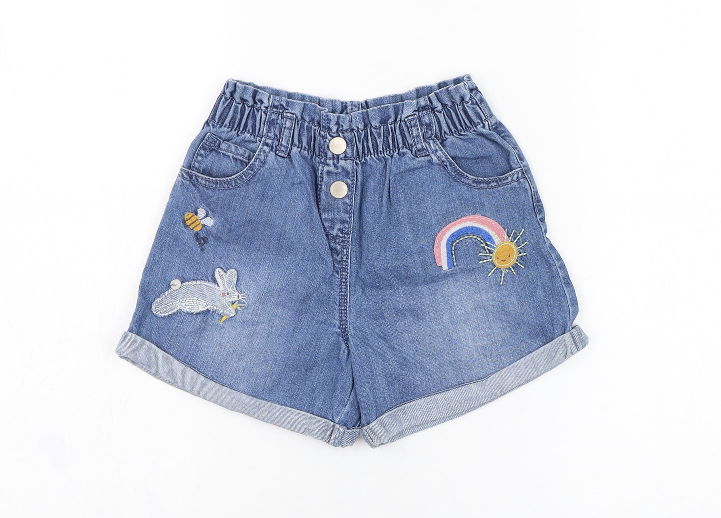 NEXT Girls Blue  Cotton Paperbag Shorts Size 6-7 Years  Regular  - Rabbit, Rainbow, Bee