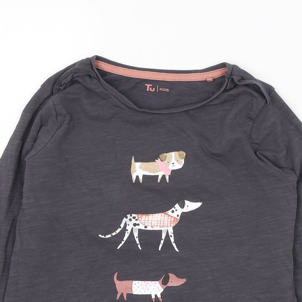 TU Girls Grey  Cotton Basic T-Shirt Size 5-6 Years Round Neck Pullover - Dog