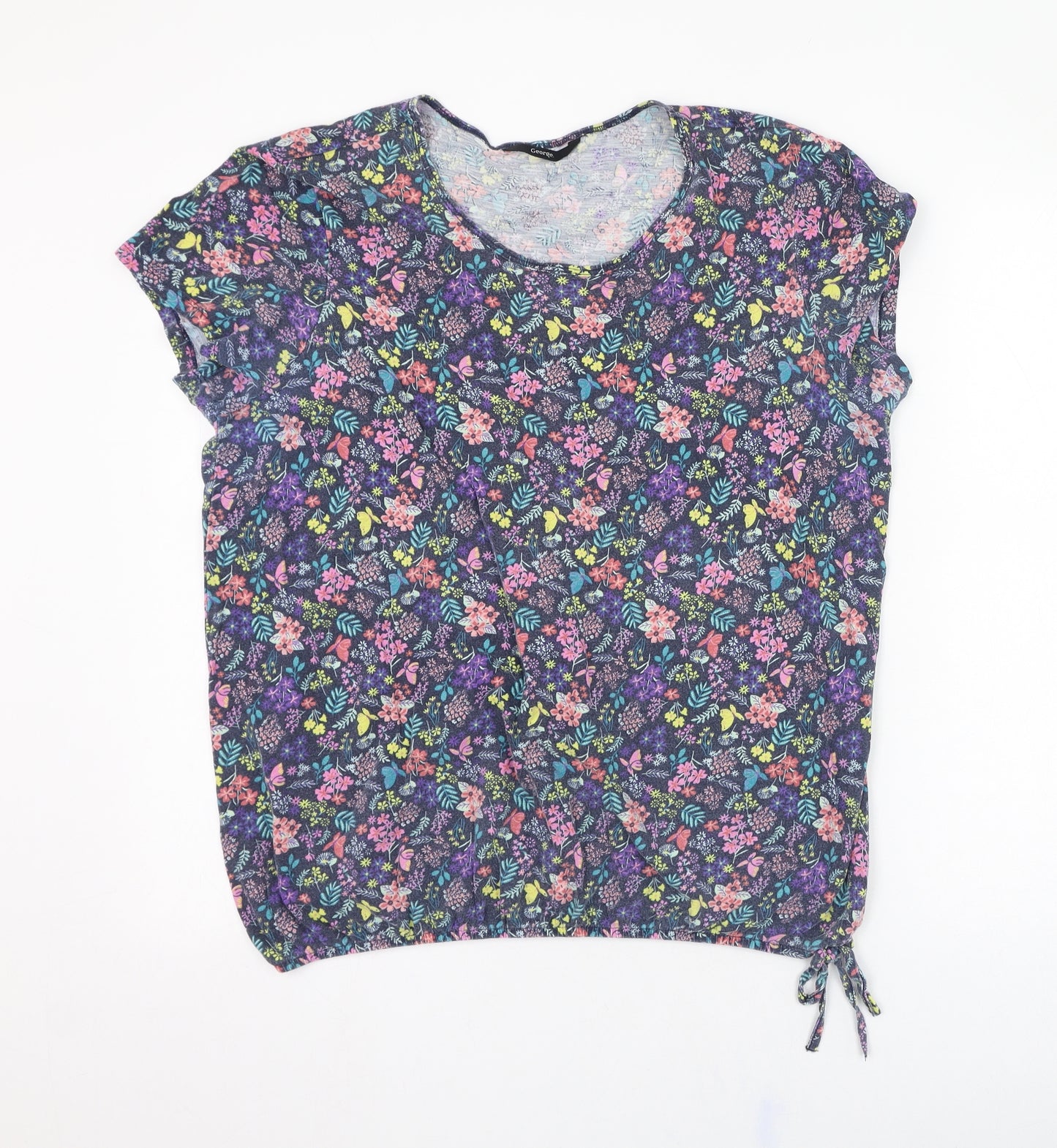George Womens Blue Floral Cotton Basic T-Shirt Size 16 Round Neck