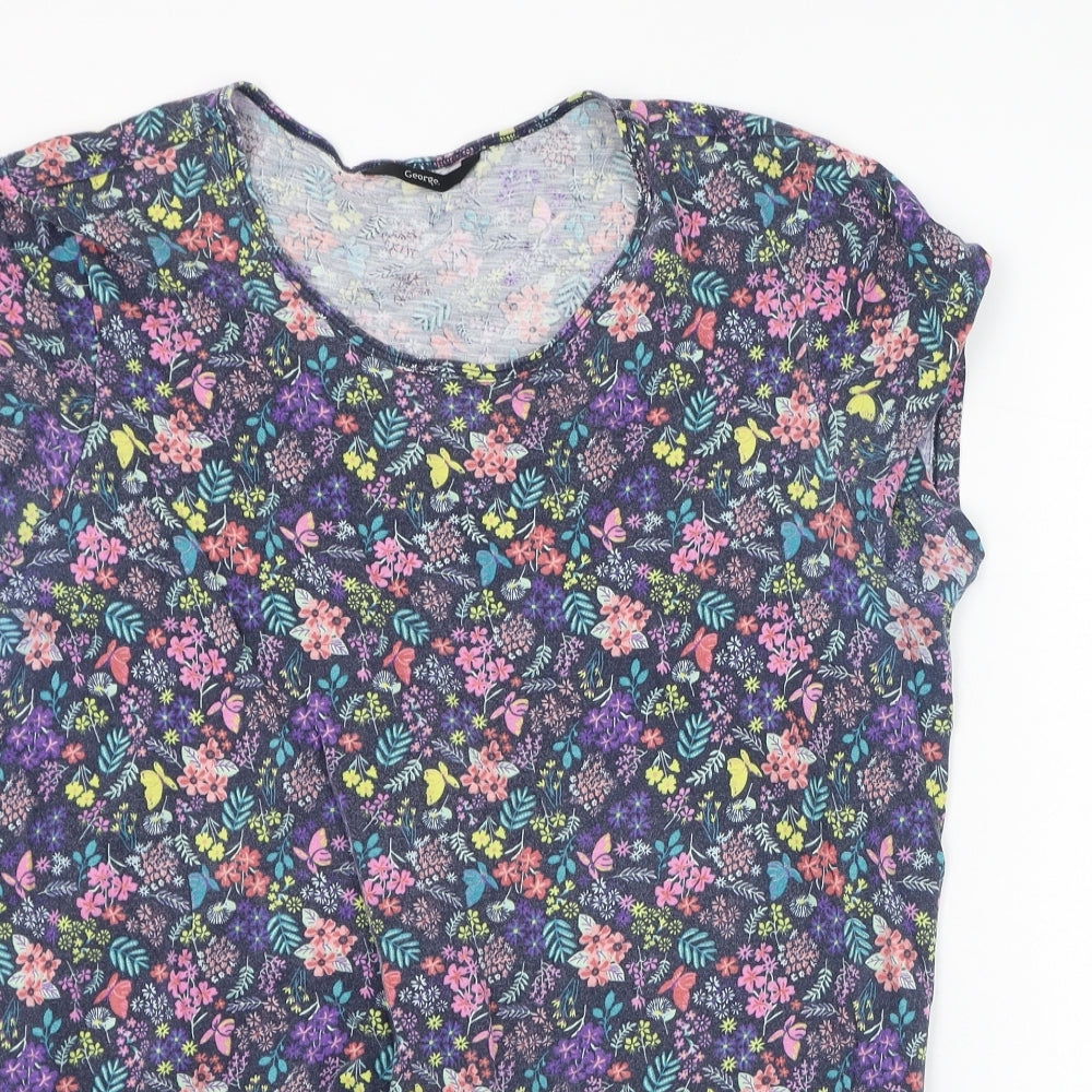 George Womens Blue Floral Cotton Basic T-Shirt Size 16 Round Neck