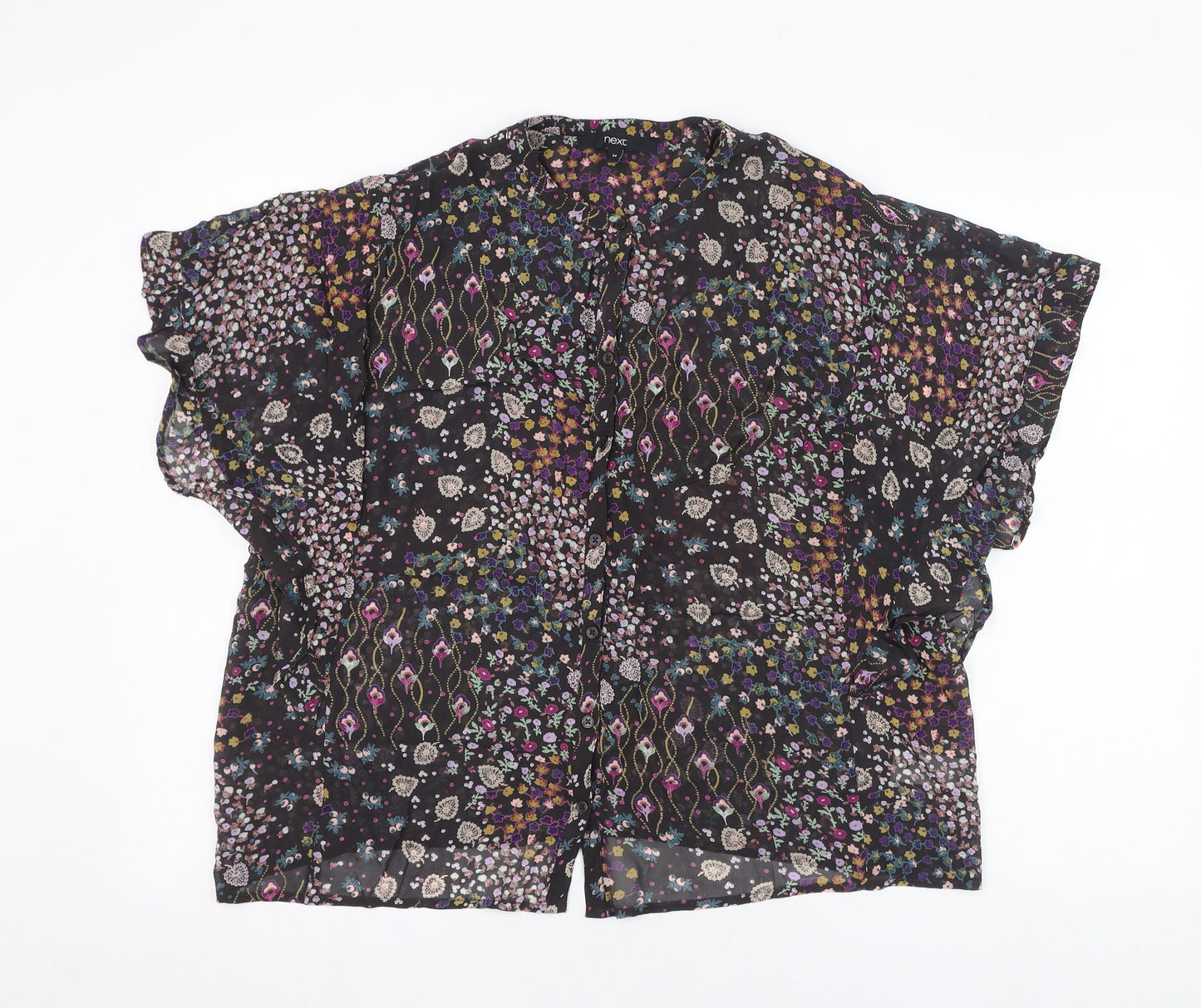 NEXT Womens Black Floral Viscose Basic Blouse Size 14 Round Neck